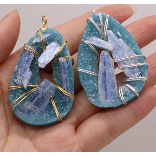 Natural Stone Drop-shaped Blue Crystal Buds Around Gold and Silver Pendant DIY Necklace Sweater Chain Jewelry Gem Gift Making