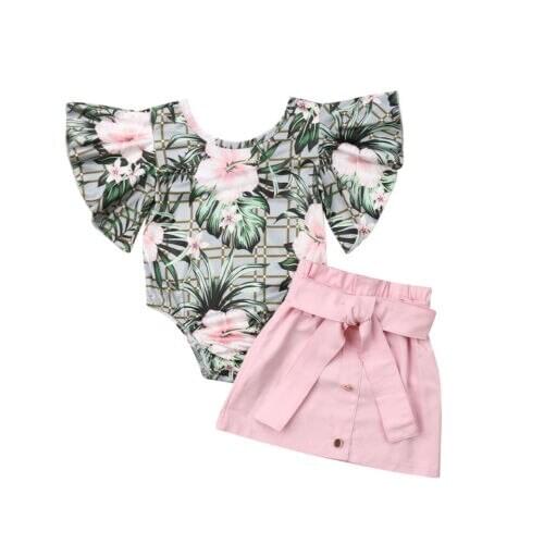 Toddler Girl Clothes 2PCS Newborn Baby Girl Floral Tops Ruffles Sleeve Bodysuit+Skirt Outfits Clothes Summer