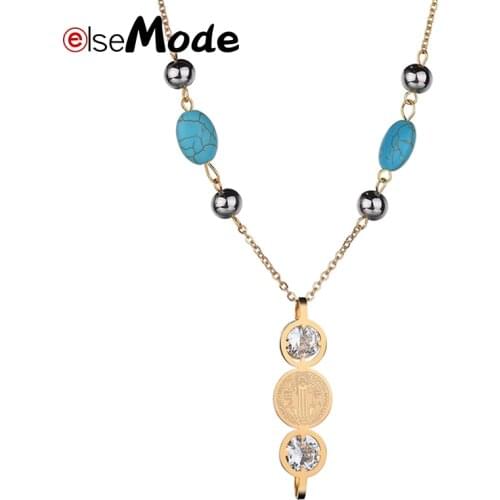 ELSEMODE Gold Coin Saint benedict Pendant Necklaces Cubic Zirconia Stainless Steel Necklace Women Catholic Christian Jewelry