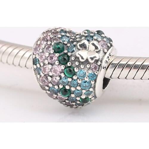Authentic S925 Silver Gleaming Lucky Four-Leaf Petals Heart With Crystal Bead Charm fit Lady Bracelet Bangle Jewelry