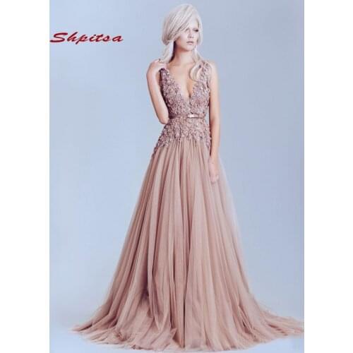 Dusty Pink Vintage Lace Elegant Long Evening Dresses Pearls Backless Plus Size Party Women Prom Formal Evening Gowns Dresses