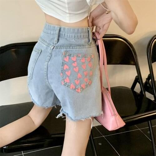 Pocket Personalized Heart Printing Summer High Waist Denim Womens Shorts Tassel Korean Short Female A-Line Torn edges Hot Pant