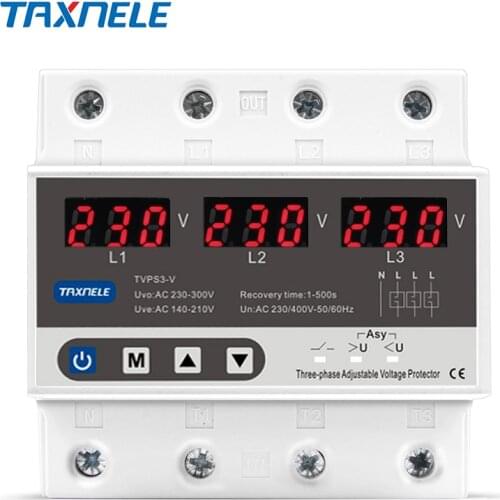 Three Phase Adjustable Over and Under Voltage Protector 3 Phase Automatic Recovery Protective Device Reset 63A 380V