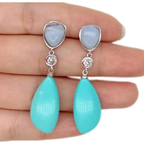 YYGEM natural geometric Turquoise Blue Chalcedony Cz Pave white color Filled Stud Earrings vintage for women