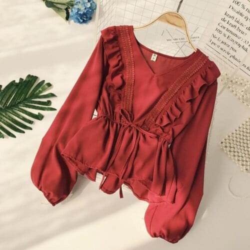 Ruffles Solid Chiffon Women Blouse Summer New 2021 V-Neck Lantern Sleeved Elegant Office Lady Pulls Outwear Tops