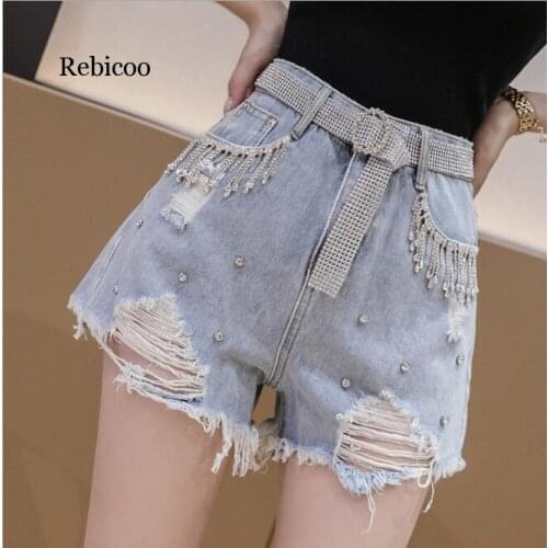 Good Quality Women Push up High Waist Sashes Denim Shorts New Summer Students Tassel Hole Wide Leg Jeans Shorts Pants WITH BELT