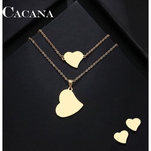 CACANA Stainless Steel Sets For Women Real Heart Shape Necklace Bracelets Earrings For Women Lovers Engagement Jewelry