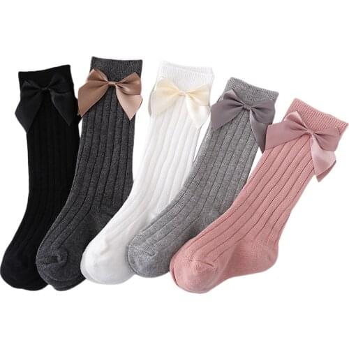 0-3Y Baby Girls Boys Big Bow Socks Cute Candy Color Non Slip Floor Socks Vertical Stripes Cotton Baby Mid Tube Socks