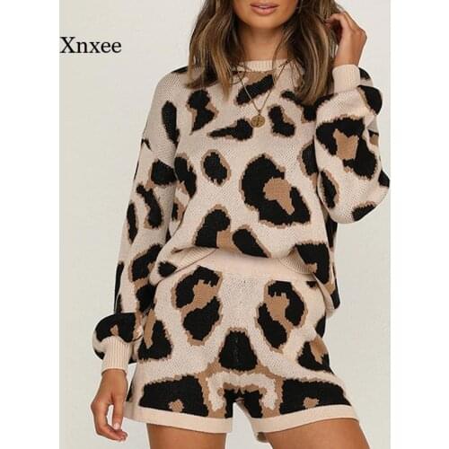 Leopard Print Shorts Sweater Suit Women Vintage O Neck Knitted 2 Pcs Set Pullover Jumper Top Elastic Waist Shorts Winter Clothes