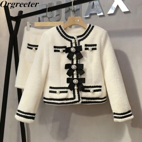 Imitation Mink Velvet Ensemble Femme Fall Winter New Retro Sweet Bow Striped Patchwork Short Coat + Mini Skirt Sets