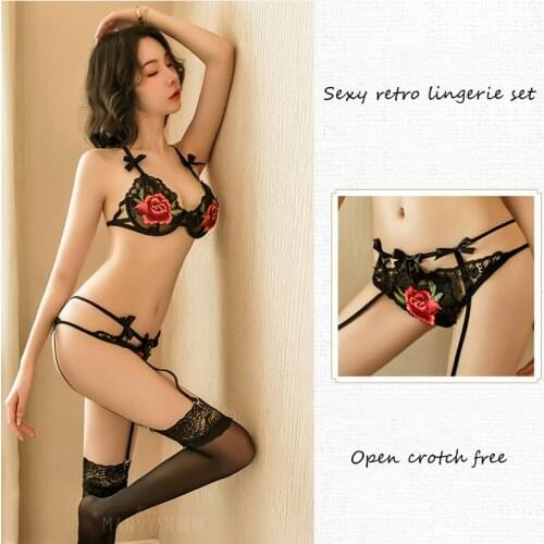Oriental Retro Style Womens Erotic Lingerie Sexy Lingerie Rose Embroidery Sexy Bra Thong Set Open Crotch Temptation T Pants