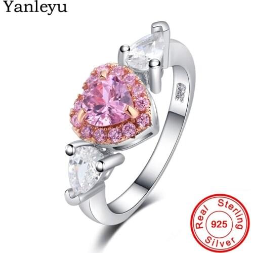 Yanleyu Hot Sale Romantic Heart Wedding Rings for Women Solid 925 Sterling Silver Engagement Jewelry Gift Pink CZ Ring PR027