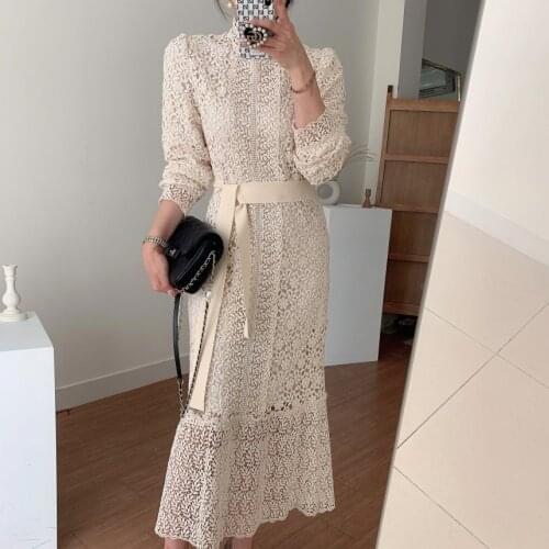 Alien Kitty Streetwear Vintage Lace Hook Flowers 2021 Slim Sexy New All Match Femme OL A-line Sweet Long Dresses Vestidos