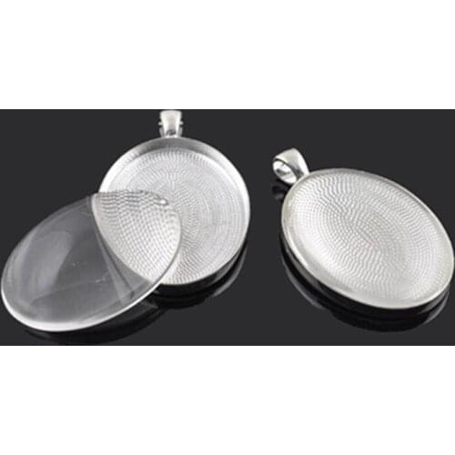 10pcs 30mm*40mm Silver Plated blank Base Setting pendant tray+ matching clear glass cabochon for custom photo jewelry making