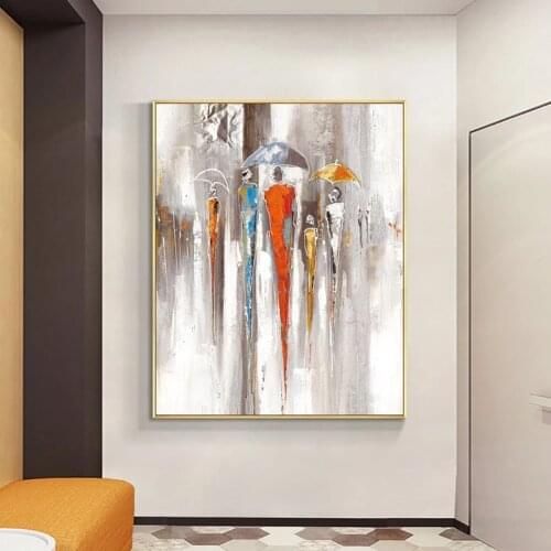 100% Hand Painted Oil Painting Abstract People In the Rain With Umbrellas On Canvas Abstract Wall Art Decor For Living Room