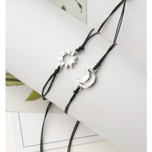 2Pcs Bracelets Set For Women Handmade Braided Black Thread Rope Bohemian Sun & Moon Charm Couples Bracelets For Women