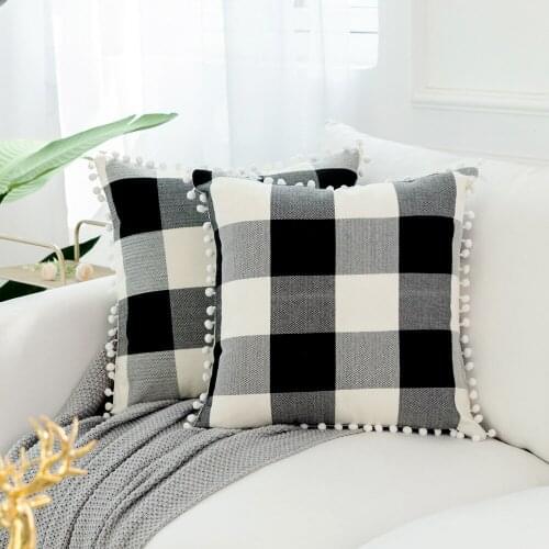 2 Packs Plaid Throw Pillow Cases with White Pompoms Decorative Retro Farmhouse Buffalo Pillow Cover Tassle Cushion Case