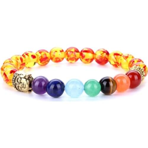 6pcs Ancient golden Buddha head Buddhism yoga reiki energy stone seven chakra bracelet 8MM natural stone seven chakra hand make