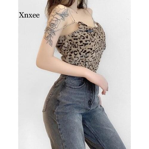 ArtSu Faux Fur Gothic Grunge Camis Harajuku E-Girl Leopard Women Crop Tops Backless Chain Patchwork Skinny Streetwear VE52565