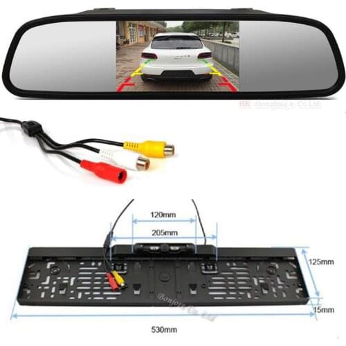 Auto Car 5' TFT LCD Color Mirror Monitor With Car infrared LED Europe License Plate Frame Rearview Camera Pakring assistance