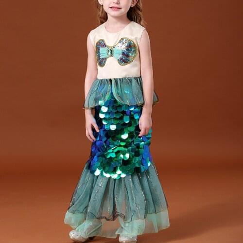 Little Girls Mermaid Sequin Costume Dresses Toddler Kids Tutu Green Party Pageant Floor-length Children Halloween Christmas 3t 4
