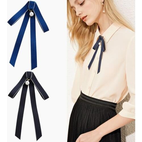 Korean Fabric Bow Brooch Pins Pearl Bow Tie Shirt Dress Neck Ties Collar Fashion Jewelry Brooches for Women Clothing Accessories