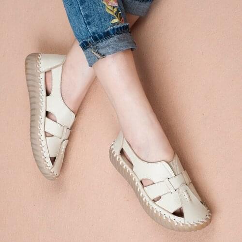 Summer Beach Shoes Women Outdoor Original Leather Sandals for Female Hand-stitched Breathable Slip On Comfortable Sandals