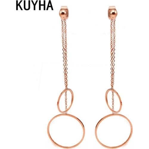 Fashion Womens Stud Earrings 1Pair Geometric Circle Shaped Womens Long Earrings Rose Gold Bijoux