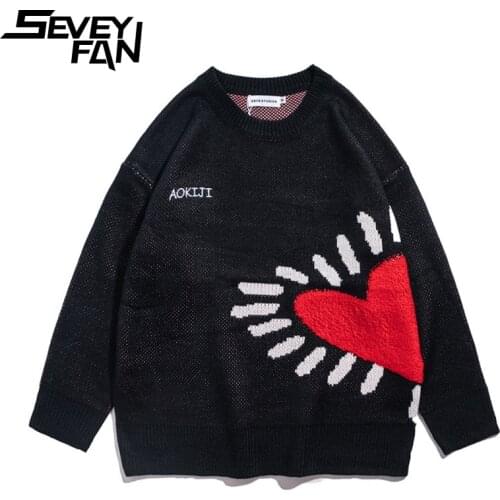 SEVEYFAN Mens Harajuku Love Pattern Towel Embroidery Sweater Fashion Loose Cotton O Neck Pullover Knitwear for Couples