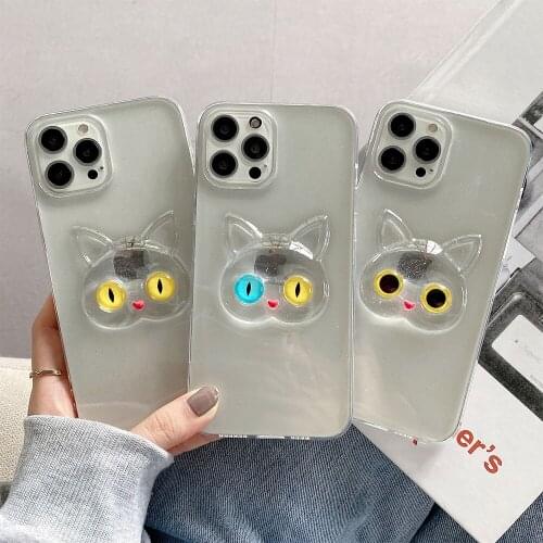 3D Cute Crystal Cartoon Cat Squishy Phone Case for iPhone11 12ProMax Mini XR SE2020 6S 7 8Plus Transparent Epoxy Soft Cover