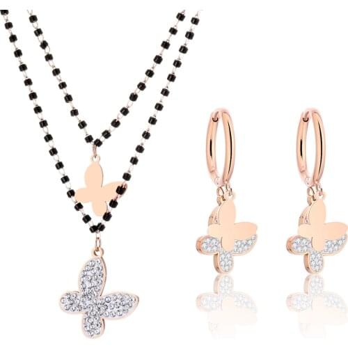 Butterfly Necklace Earrings Jewelry Set Beads Chain Stainless Steel Insect Pendant Necklaces Rose Gold Hoop Earring Accessories