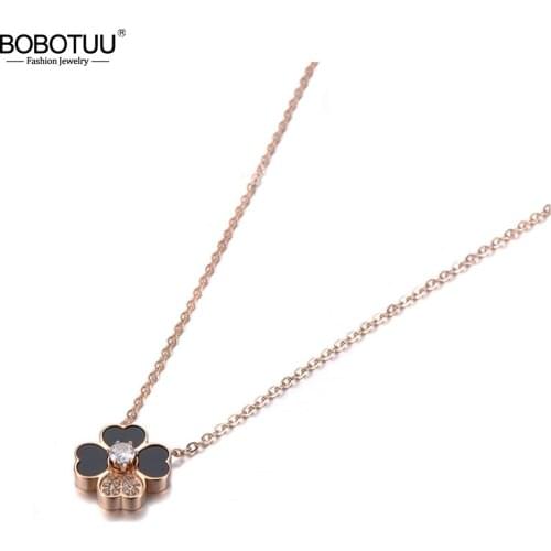 BOBOTUU New Titanium Steel Love Heart Flower Charm Pendant Necklaces CZ Crystal Shell Choker Wedding Necklace For Women BN19088