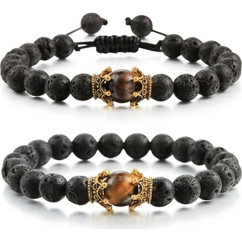 Charm Lava Beads Bracelets for Men Women Natural Volcanic Stone Oil Diffuser Crown Healing Stretch Braided Bracelet Yoga Bangle
