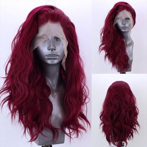24Inch Side Part Wine Red Lace Front Wigs for Women Body Wave Glueless Wig Long Wavy Synthetic Wig For Women Cosplay Party Wigs
