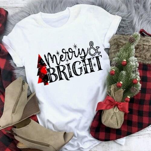 Plaid pine tree print Merry Christmas T Shirt Women merry BRIGHT christmas tshirt female white short sleeve vogue clothes tops