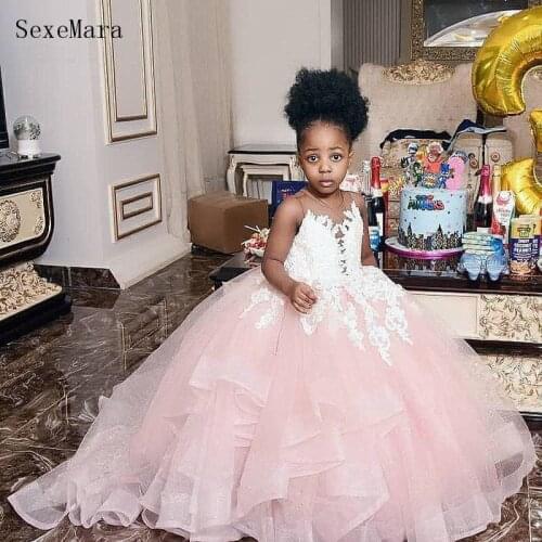 Lovely Flower Girl Dresses For Wedding Pink Tulle Applique Lace Ball Gown Junior Birthday Dress Pagant Gowns