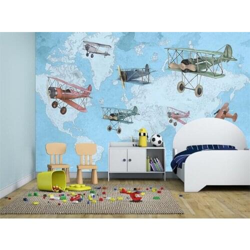 Hand-painting Vintage Airplane Map 3d Wall Photo Cartoon Mural Wallpaper for Baby Kid Room Large 3d Wall Mural Papel