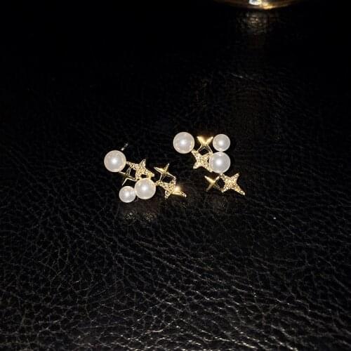 Pearl Rhinestone Four-pointed Star stud earrings Korea Simple Shining Star Earrings for Women Fashion Temperament Jewelry