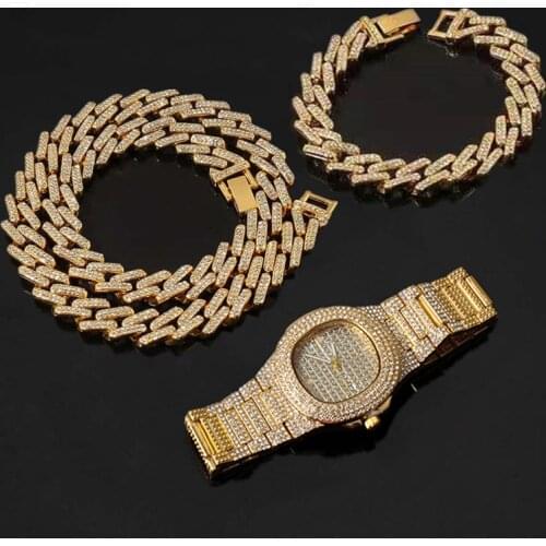 Hip Hop Miami Curb Cuban Link Chain Men Choker Iced Out Paved Rhinestone Bling Chain for Men Jewelry Set Watch Necklace Bracelet
