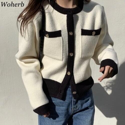 Woherb Women Korean Chic Knitwear Jacket 2021 Autumn Elegant Fashion Cardigan Ladies Casual All Match Sweater Coat Woman Pull