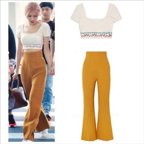 Kpop Korean Celebrity same Summer streetwear short square collar short-sleeve tshirt+long loose flared pants women two piece set