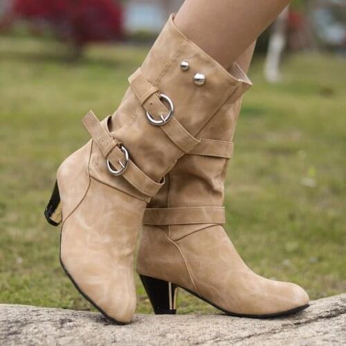 2021 Womens Boots Cowboy Vintage Buckle Round Toe Plus Velvet high Heel Autumn Winter Female Boots Shoes Footwear #40
