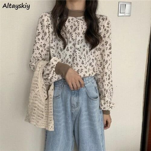 Shirts Women Floral Stand Collar Korean Style Chic Trendy Elegant Popular Ulzzang All-match Leisure Female Top Spring Blouse Ins