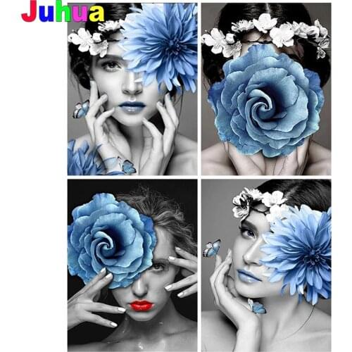 Blue flower woman 5d diy diamond painting full fashion Portrait mosaic diamond embroidery gift diamond stitch home decor
