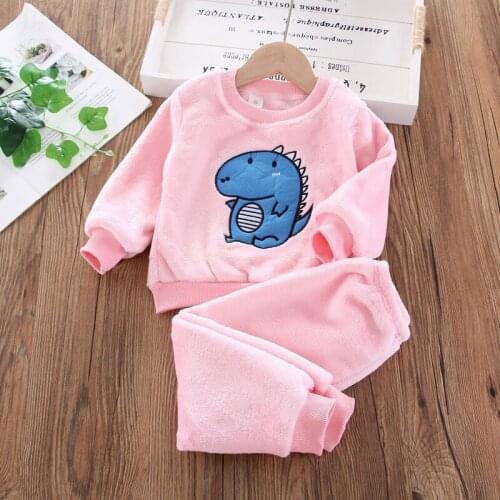 Children Cute Coral Velvet Girl Boy Pajama Suit Winter Kids Sleepwear Set Home Cartoon O-neck Long Sleeve Pyjamas
