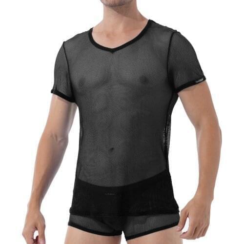 Breathable Mens Exotic Set Hollow Out Mesh Lingerie Sets See-through V Neck Short Sleeve T-shirt Top with Elastic Boxer Shorts