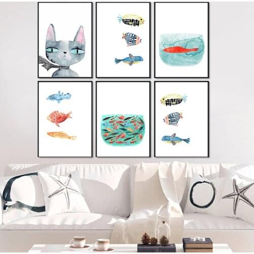 Nordic Cat Text Animal Canvas Vintage Fish Tank Canvas Art Painting Moderm Wall Picture for Living Room Bedroom Home Decoration