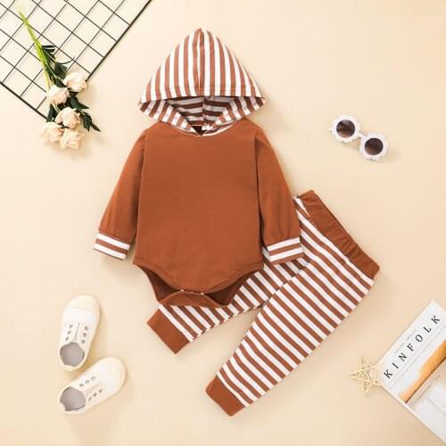 FOCUSNORM 0-18M Infant Baby Boys Clothes Sets 2pcs Striped Printed Hooded Long Sleeve Pullover Tops Pants