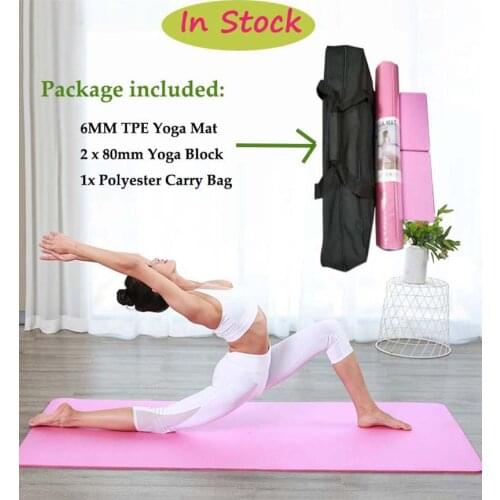 TPE Yoga Mat Anti-Slip Fitness Mat Gym Exercise Mat with Yoga Block Carry Bag 183CM x 61CM x 6MM
