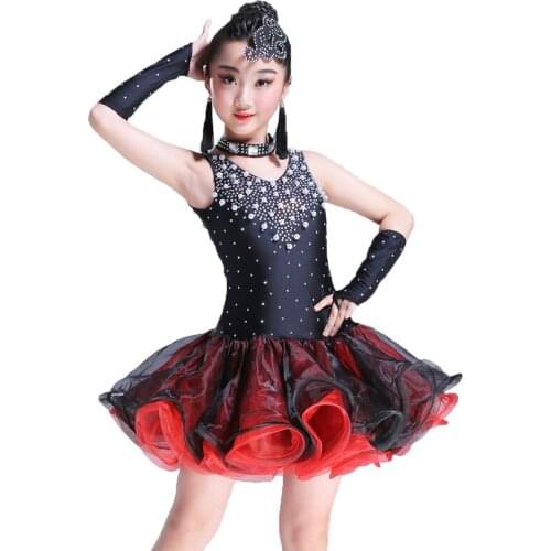 Summer Latin Dance Clothes Kids Dress For Girls Fluffy Skirt Rhinestone Dress Dancing Competition Costume Chidren Dress BI403